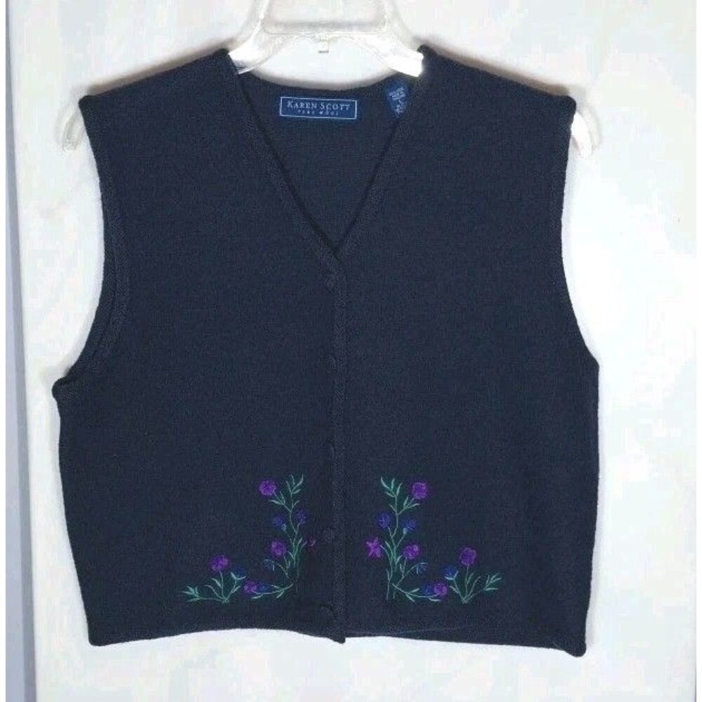 Karen Scott Wool Sweater Vest L Blue Floral Embroidered Button Front Cottagecore